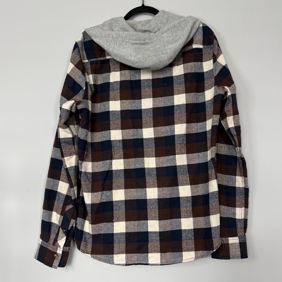 Amnesia Mens Hooded Plaid Flannel Long Sleeve Shirt Navy Blue & Brown Size M - Picture 3 of 7